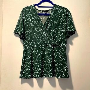 Short sleeve fit and flare, green and white polkadot shirt